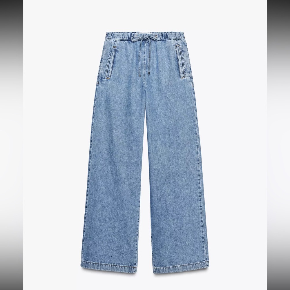 Zara Denim Joggers in Light Blue stretch waist tie XL wide leg jeans